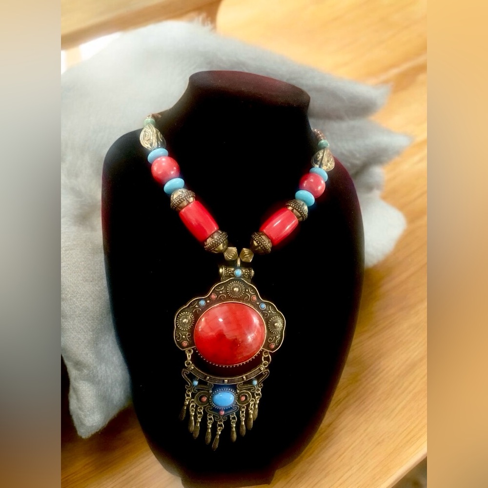 Vintage Mongolian Large Pendant Dangle Necklace with Wood Beads 22” Long
